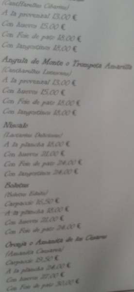 Carta bolets restaurant Madrid centre